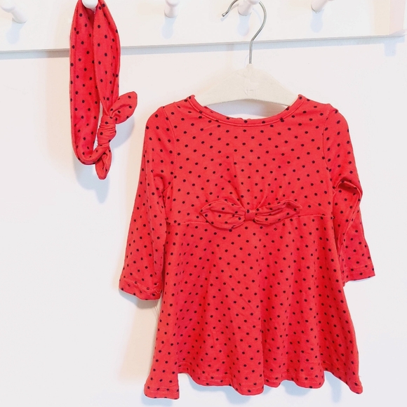 Just Lizzy Baby Girl Red Black Polka Dot Bow Holiday Dress & Matching Headband - Picture 1 of 6